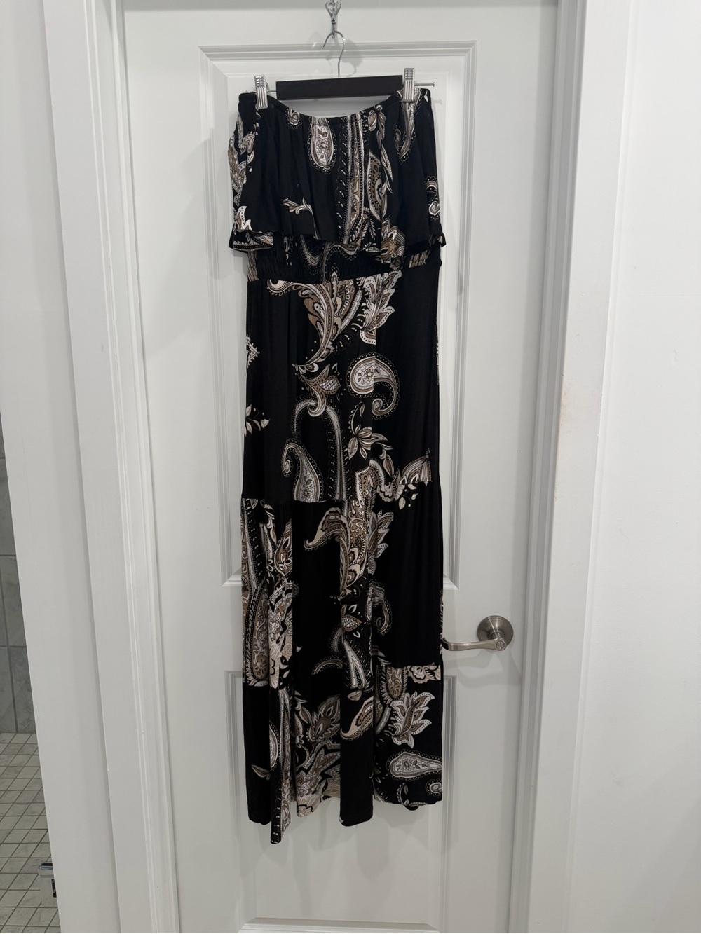 Off-Shoulder Black Paisley Maxi Dress